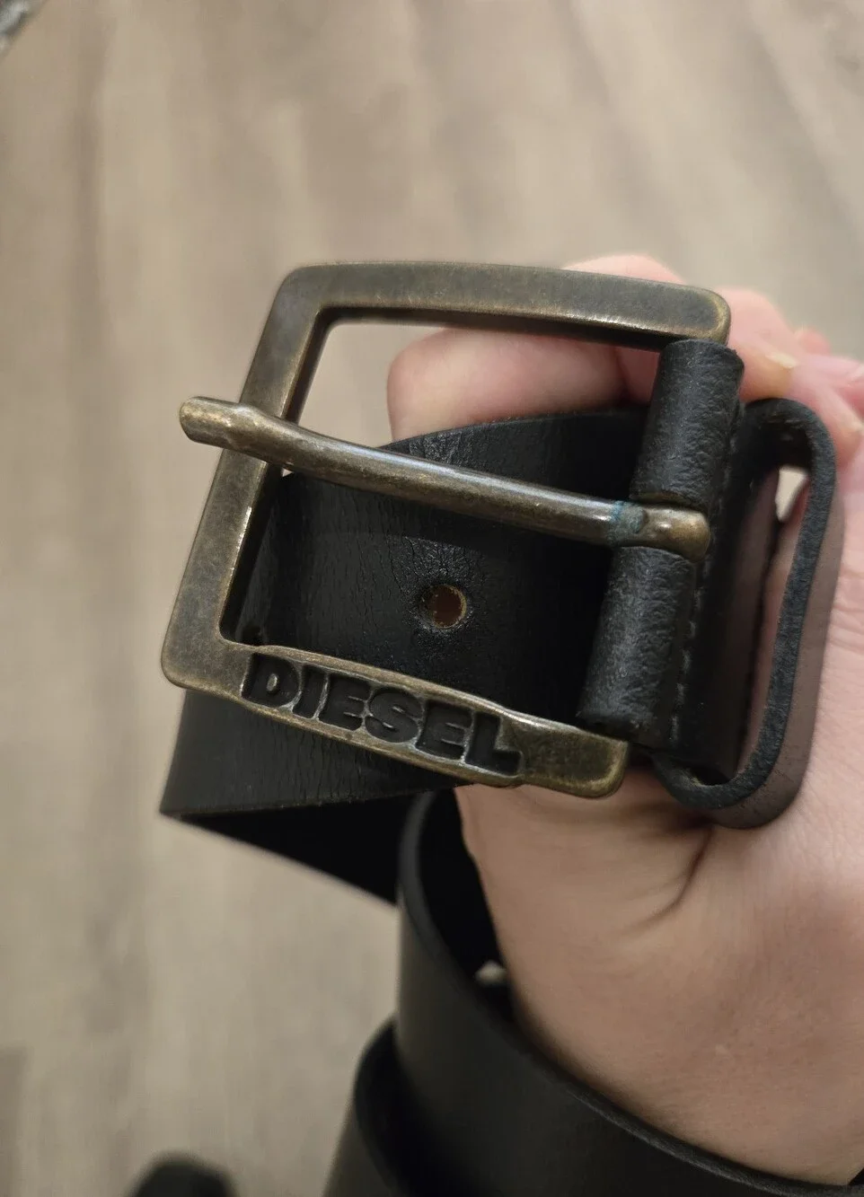 Diesel MINO5 Black Buffalo Leather Belt Size 34 Logo Buckle Extra Tough Brass